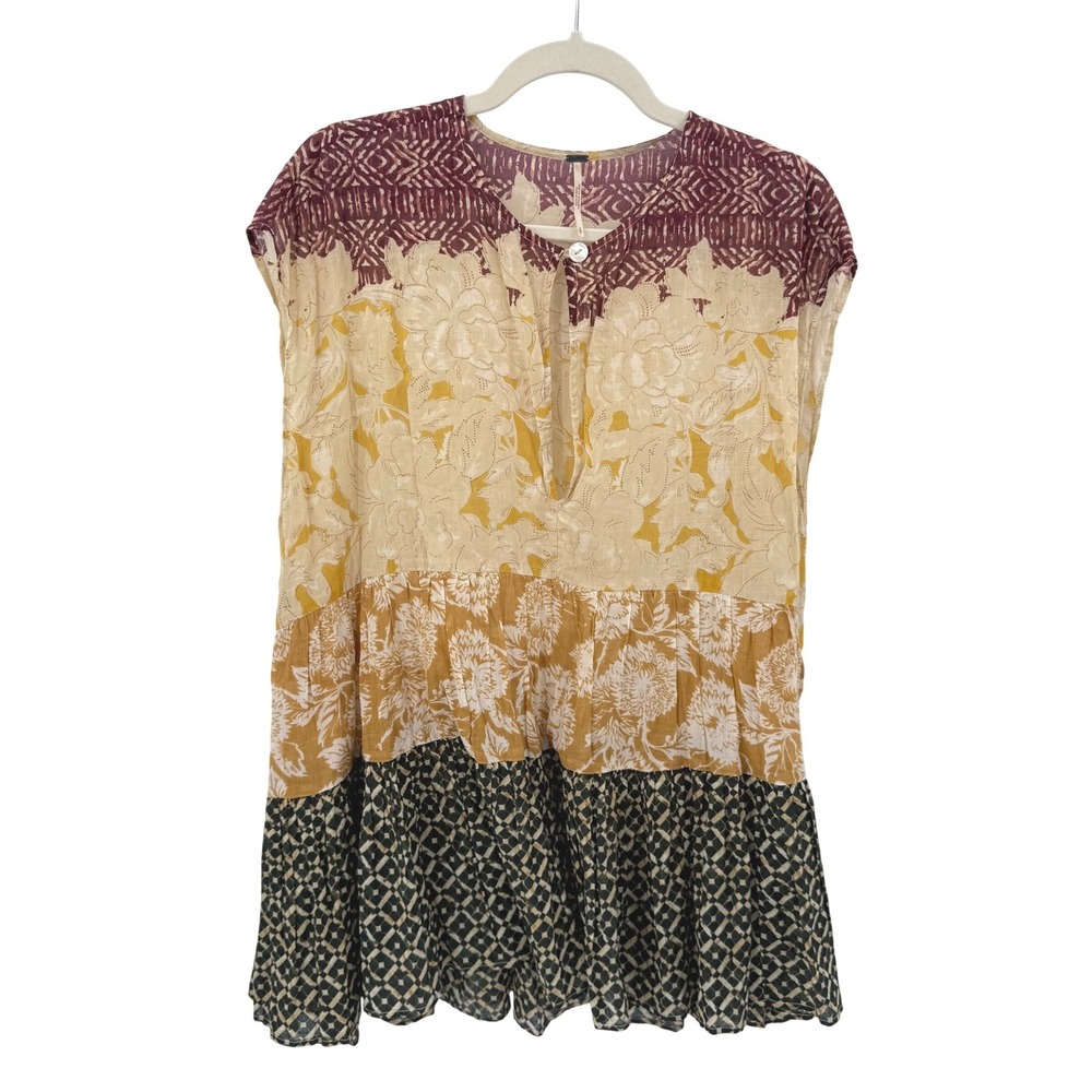 Free People Mixed Print Floral Tiered Cotton Gauze Mini Dress Tunic Yellow Small